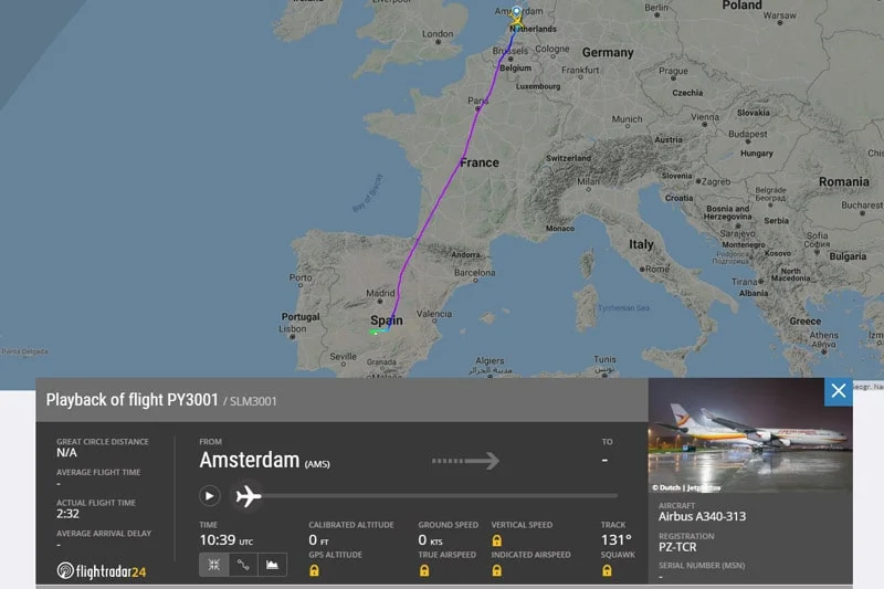 Último vuelo del avión Airbus A340 PZ-TCR de AEFL (Surinam Airways) hacia el aeropuerto de Ciudad Real